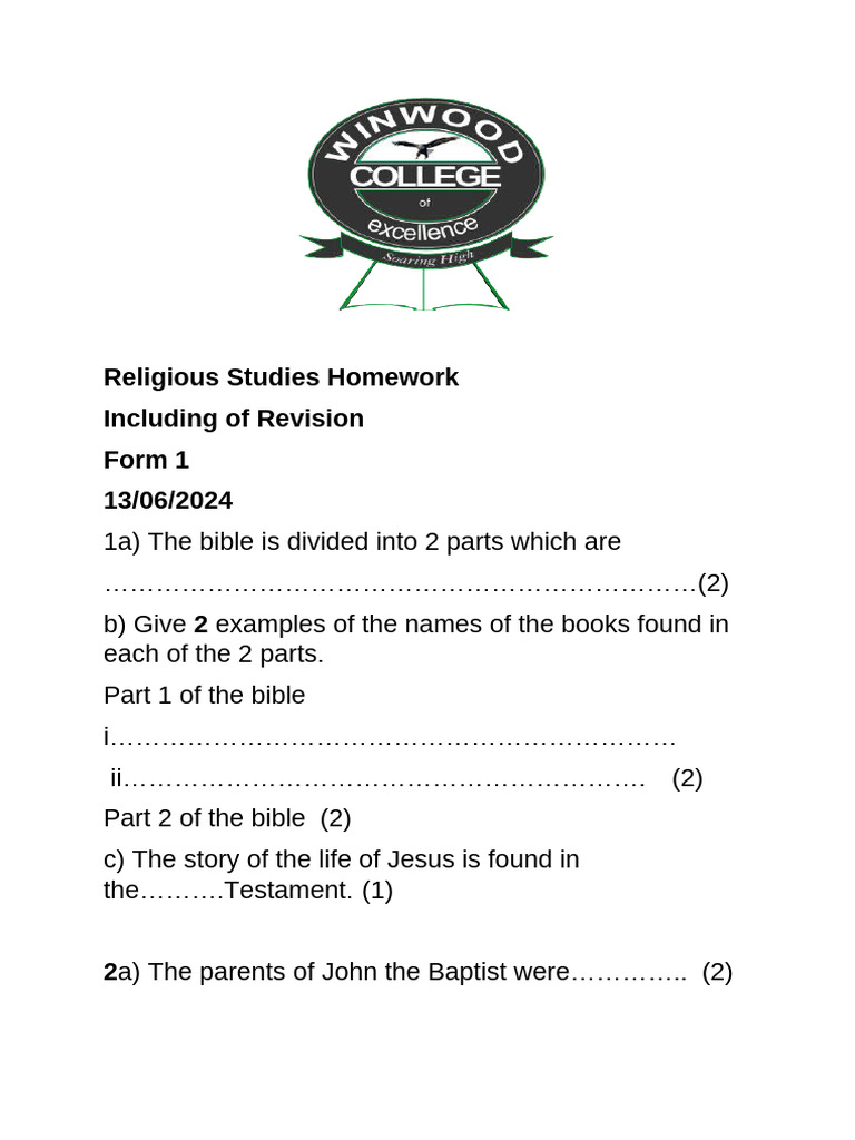 F Orm 1 Rs Homework Module June 2024 | PDF | Jesus | Crucifixion Of Jesus