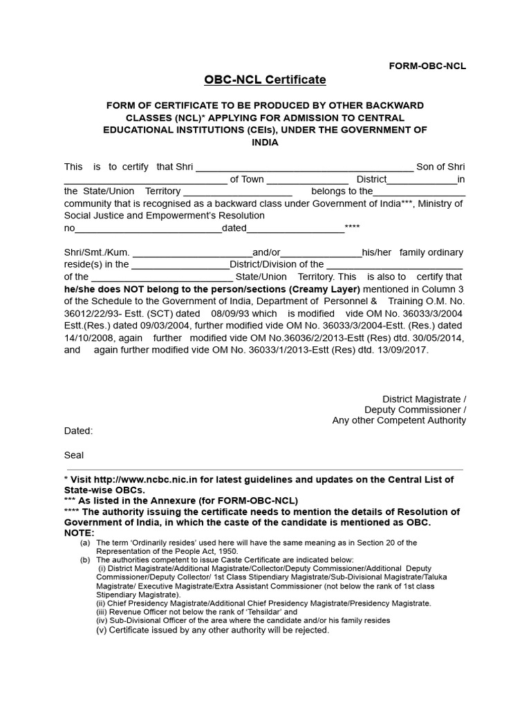 OBC-NCL Admission Certificate Form | PDF | Affirmative Action | Empowerment