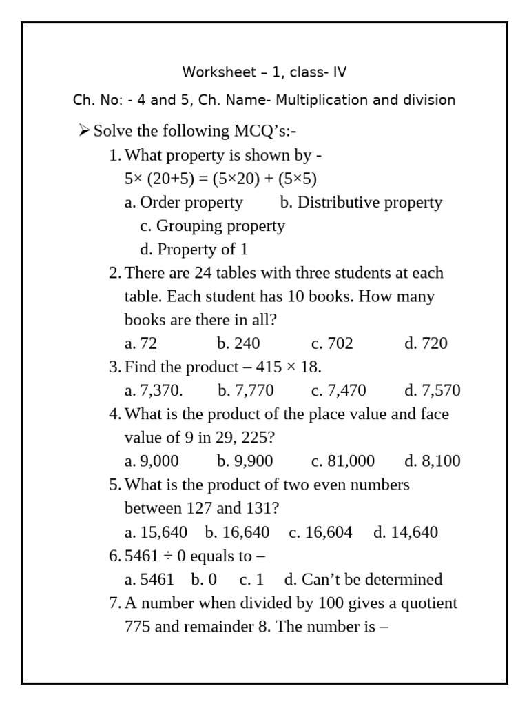 Class IV Multiplication & Division Worksheet | PDF