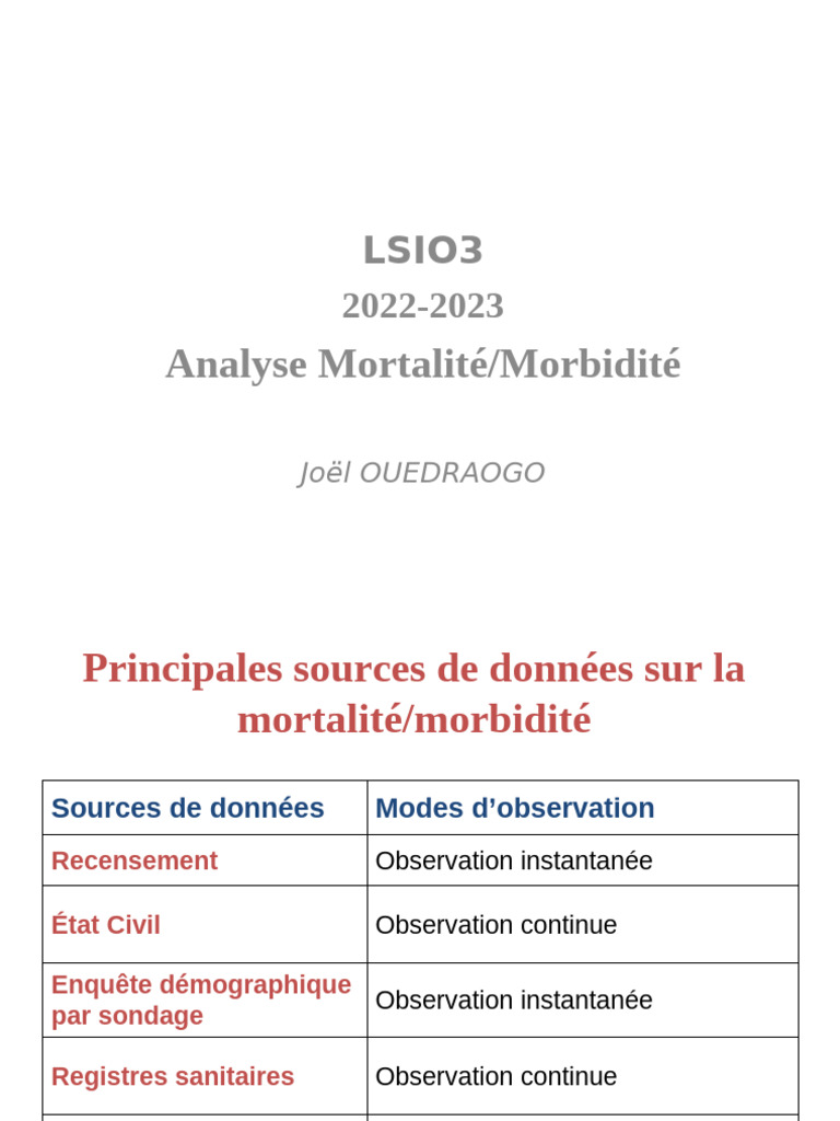 Analyse de la mortalité et morbidité | PDF | Taux de mortalité ...