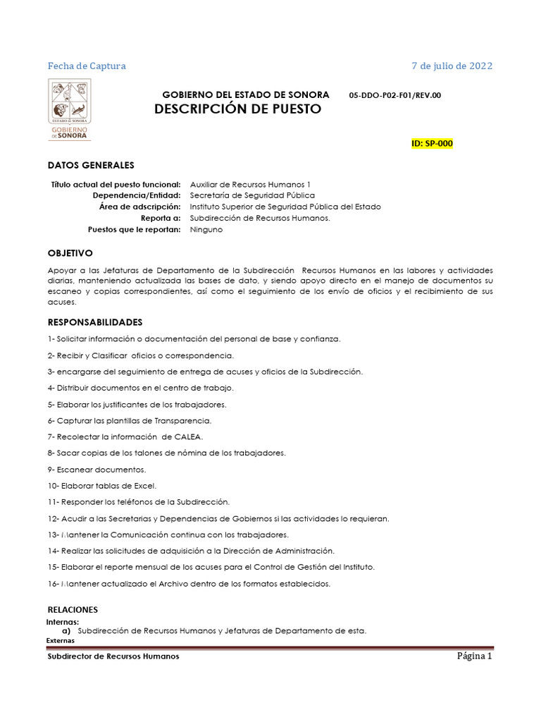 Descripción del Puesto: Auxiliar RRHH | PDF | Gestión de recursos humanos