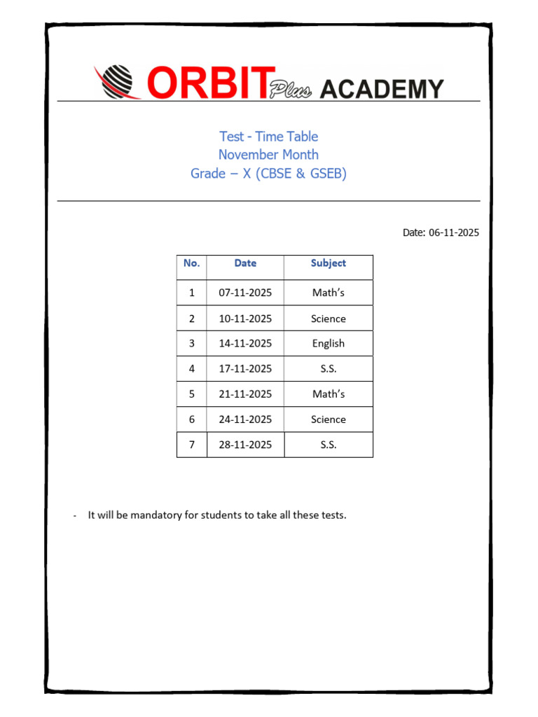 November 2025 Grade X Test Schedule | PDF