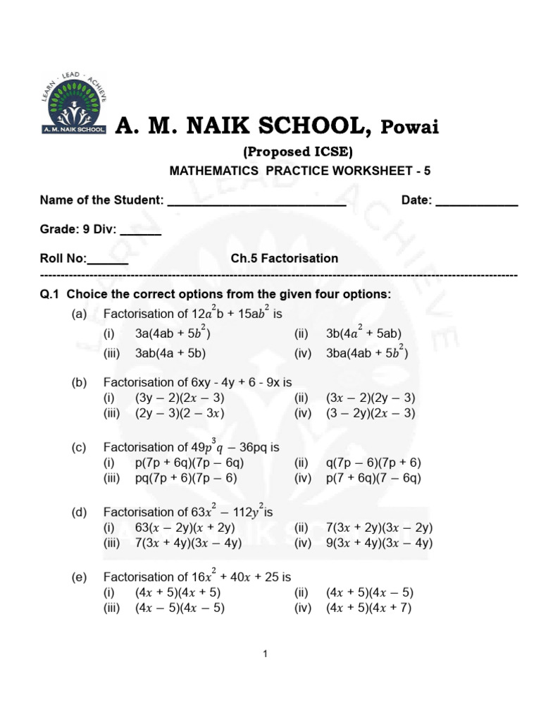 CH 5 Factorisation Worksheet | PDF