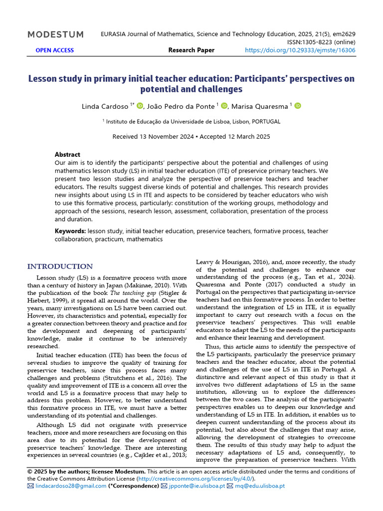 Lesson Study in Primary Initial Teacher Education Participants ...