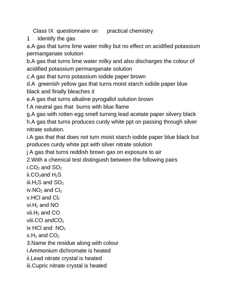 Class IX Practical Chemistry Gas Tests | PDF