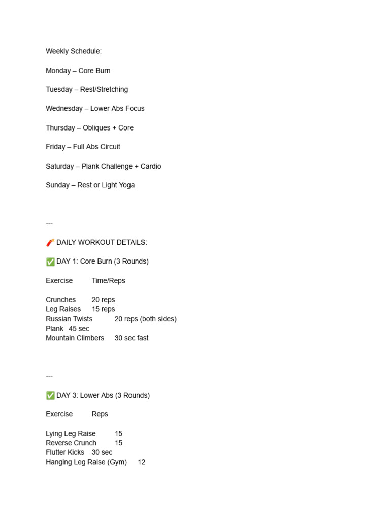 Weekly Core Workout Schedule | PDF