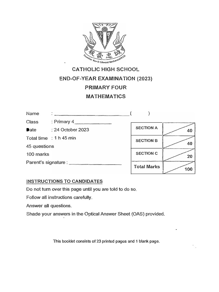 Primary 4 Mathematics Exam 2023 | PDF