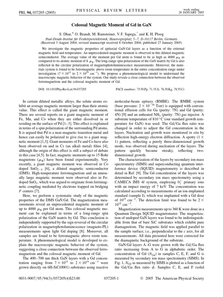 Gd's Colossal Magnetic Moment in GaN | PDF | Magnetism | Ferromagnetism