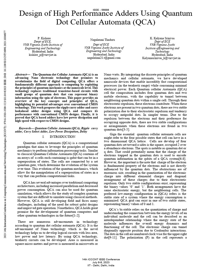 Design of High Performance Adders Using Quantum Dot Cellular Automata ...