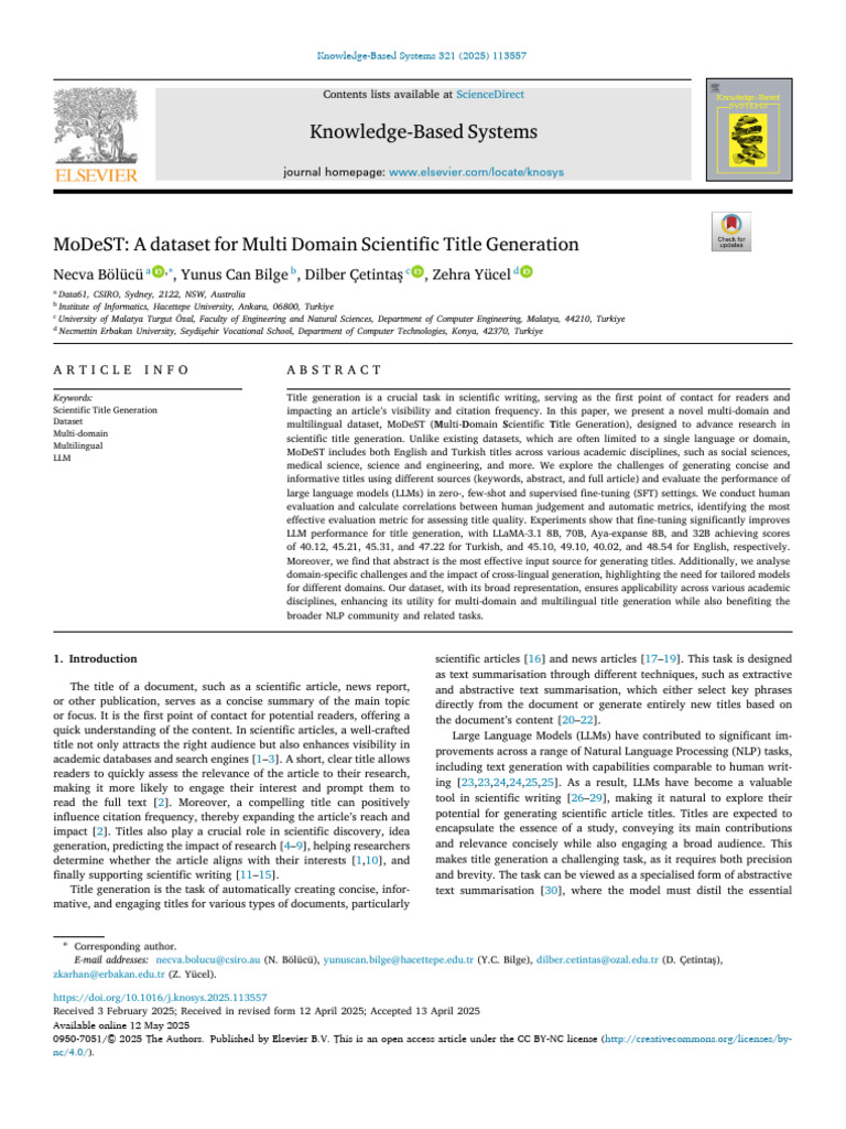 MoDeST A Dataset For Multi Domain Scientific Title Generation | PDF ...