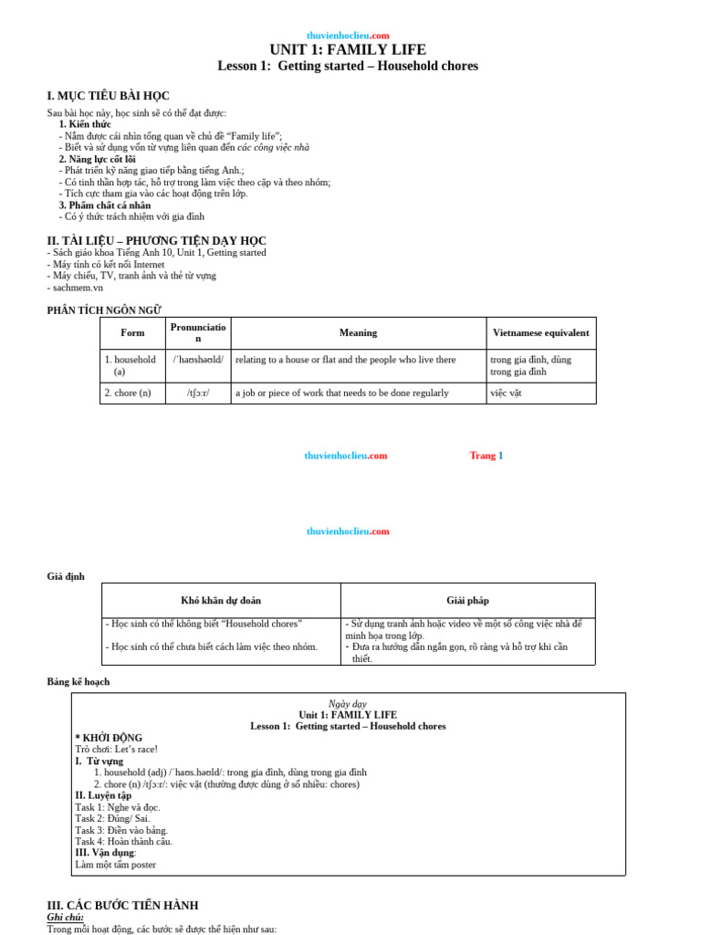 GA Tieng Anh 10 Global Unit 1 FAMILY LIFE | PDF