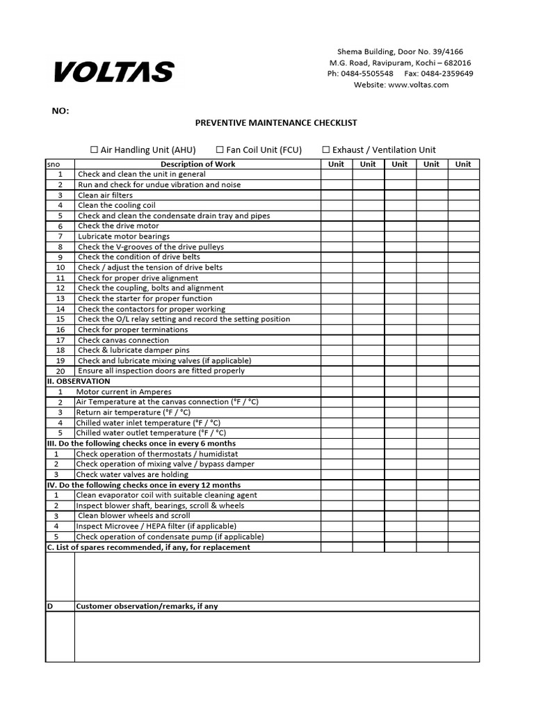 Preventive Maintenance Checklist for HVAC | PDF