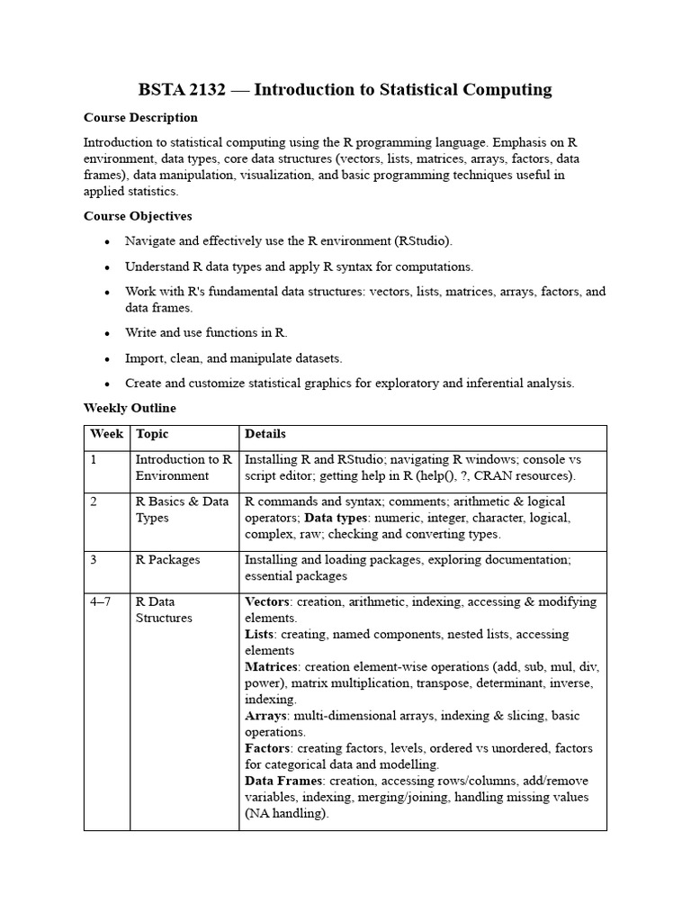 BSTA 2132 Introduction To Statistical Computing Course Outline | PDF ...