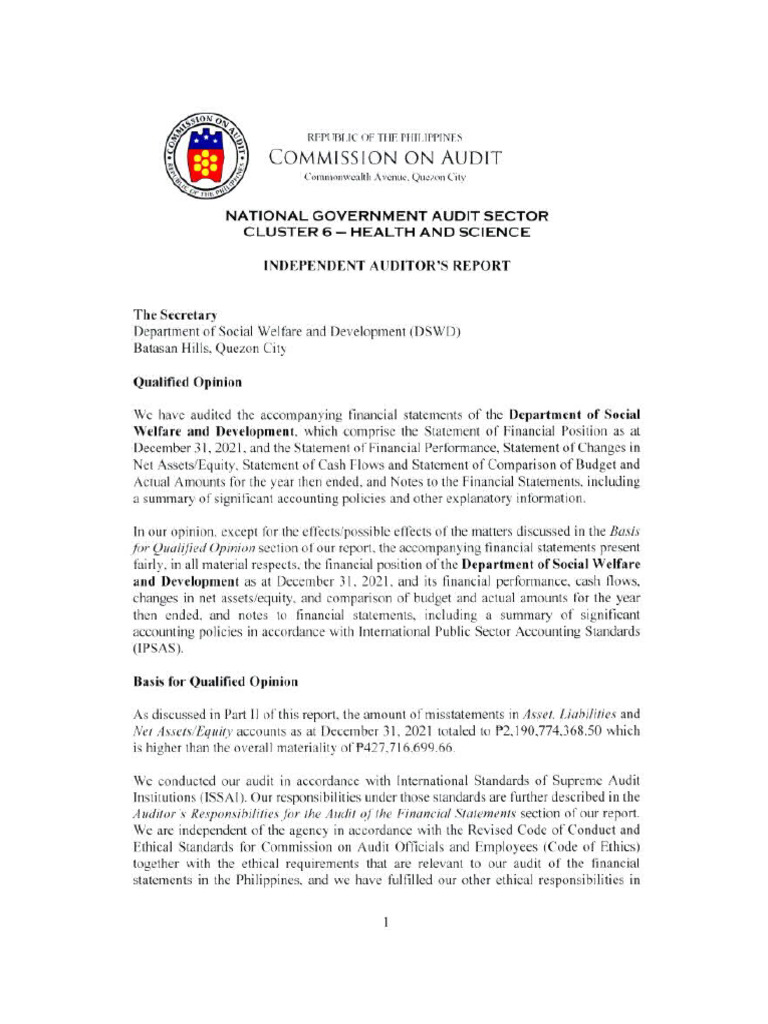 05 DSWD2021 Part1 Auditor's Report | PDF