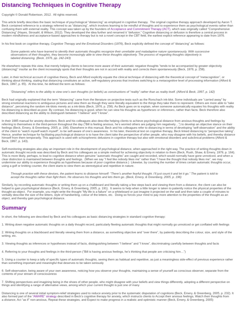 Distancing Techniques in Cognitive Therapy - London Cognitive ...