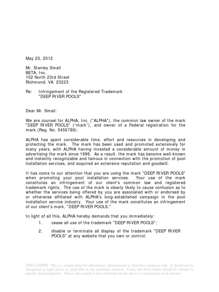 Sample Cease and Desist Letter  PDF  Trademark  Justice