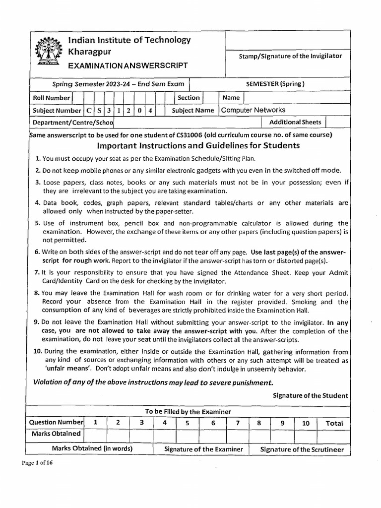 2023 End Spring Comp Sc CS31204 Computer Networks ES 2024 | PDF