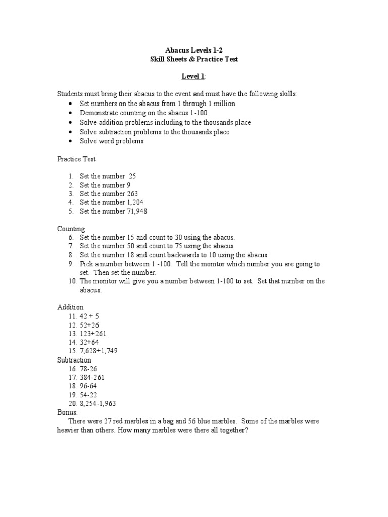 Abacus Skills Practice: Levels 1-2 Tests | PDF