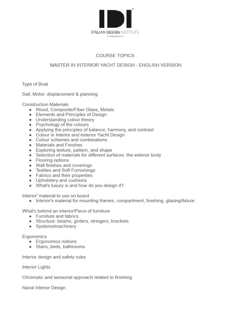 Course Topics - Master in Interior Yacht Design | PDF