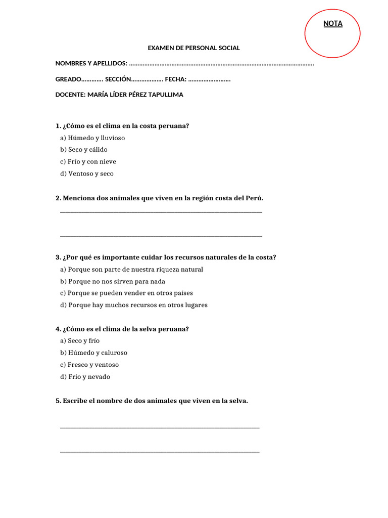Examen de Personal Social | PDF