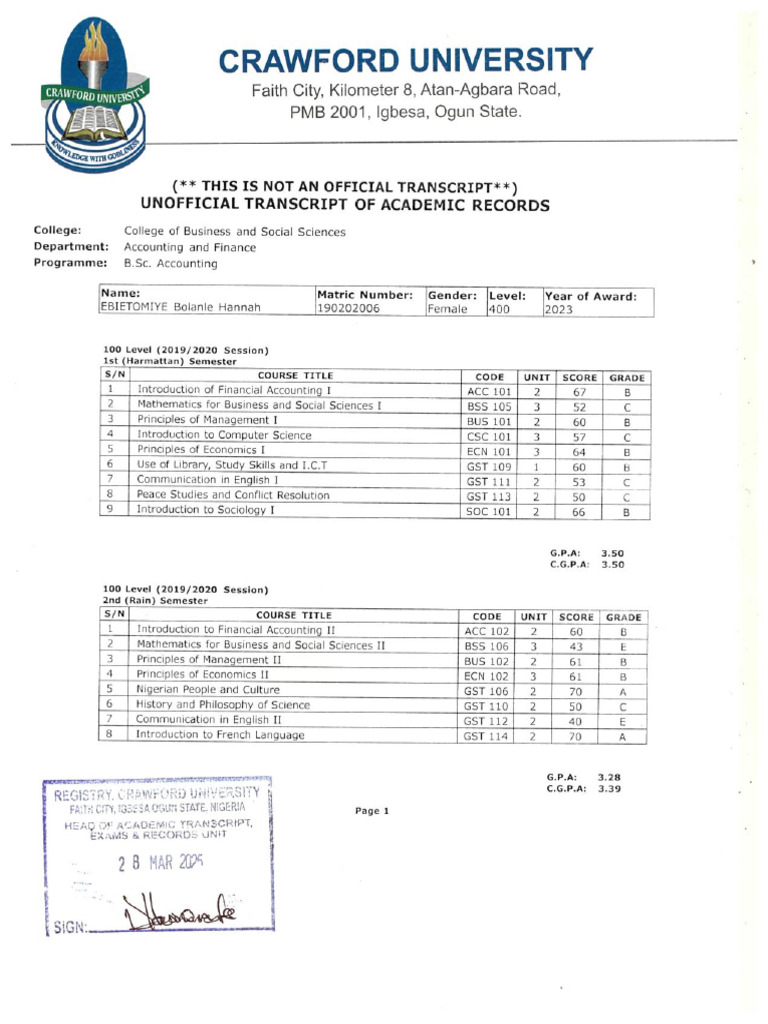 Ebietomiye Bolanle Unofficial Transcript | PDF