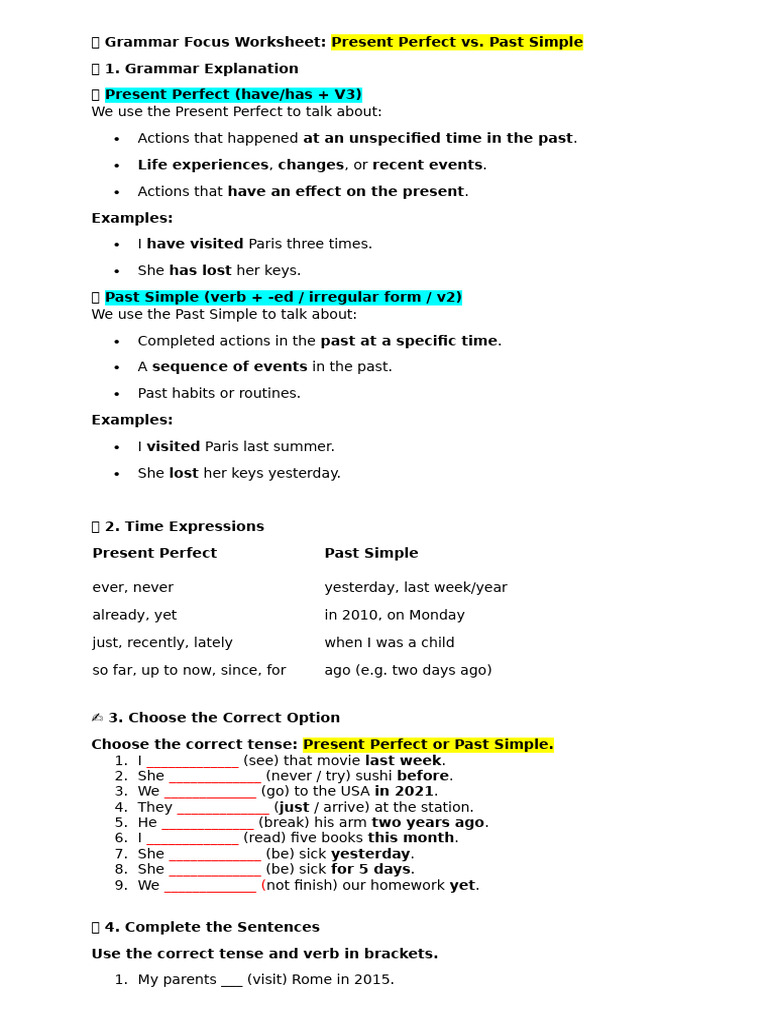 Present Perfect vs. Past Simple Worksheet | PDF | Grammar | Linguistics