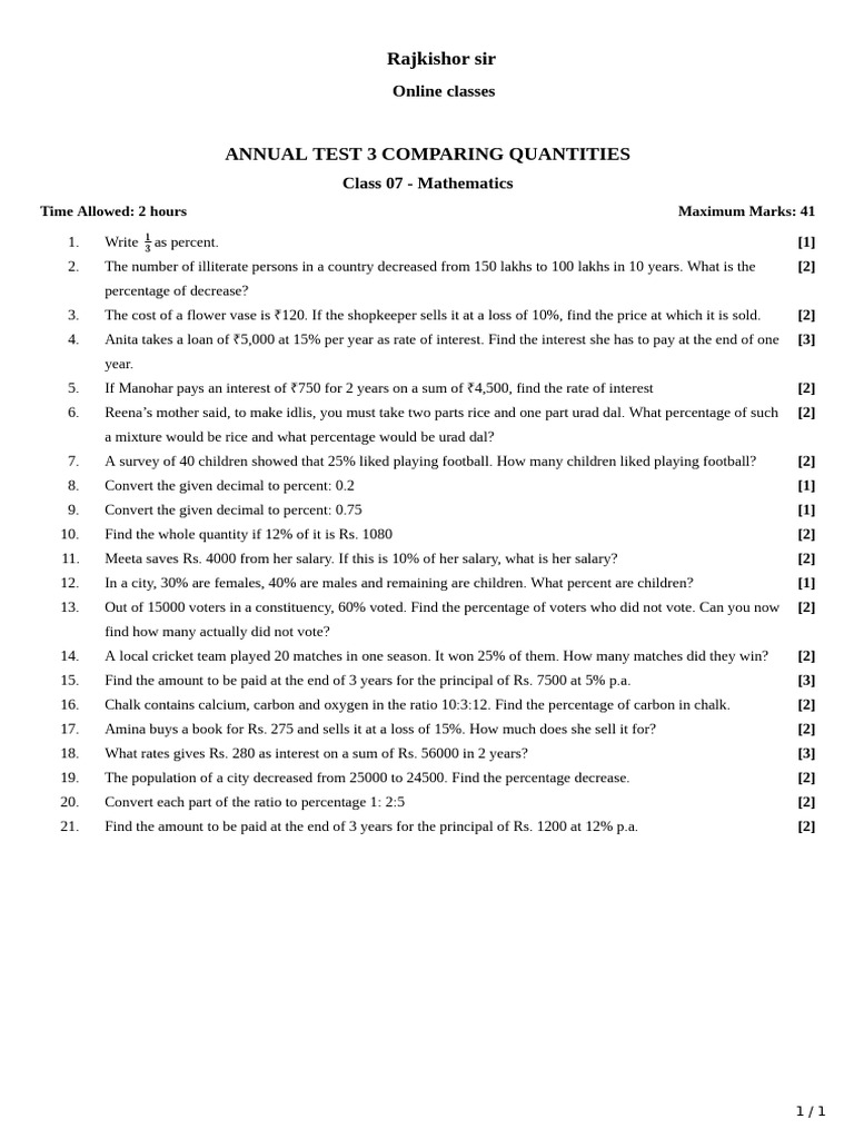 Class 7 Math: Comparing Quantities Test | PDF | Percentage | Interest