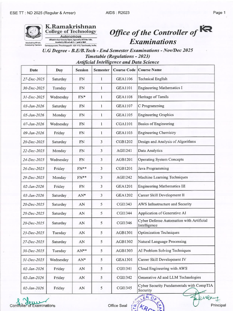 Ug PG Ese Time Table (R 2023) ND 2025 Regular | PDF