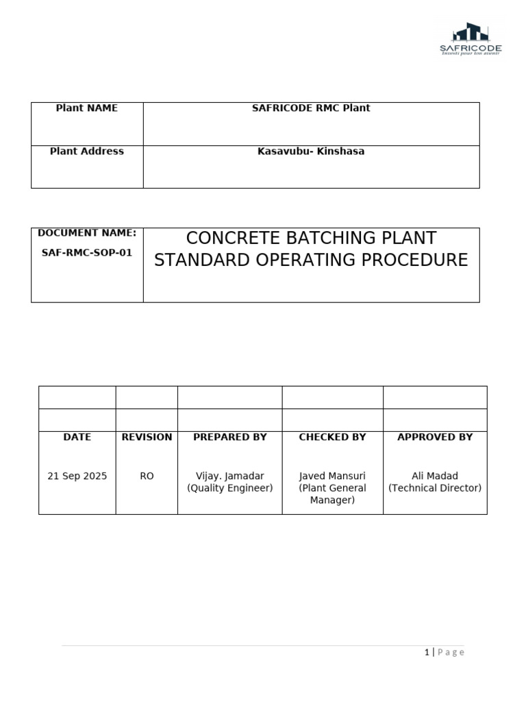 Safricode Plant SOP | PDF | Concrete | Cement