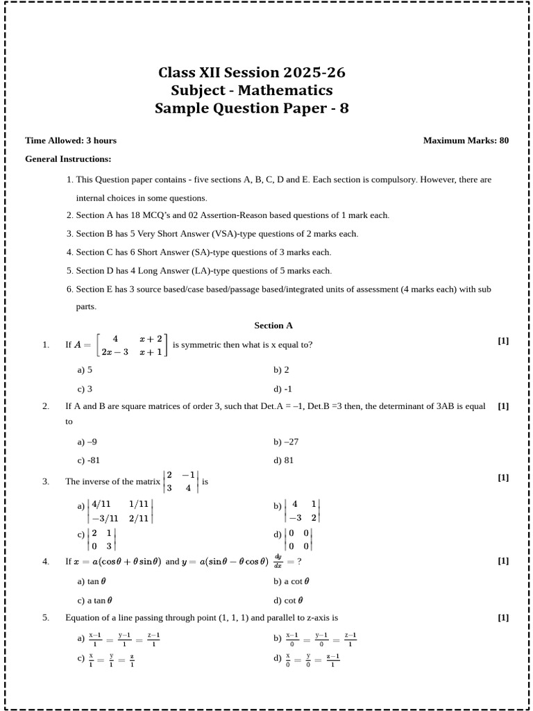 Class XII Mathematics Sample Paper | PDF | Mathematics | Mathematical ...