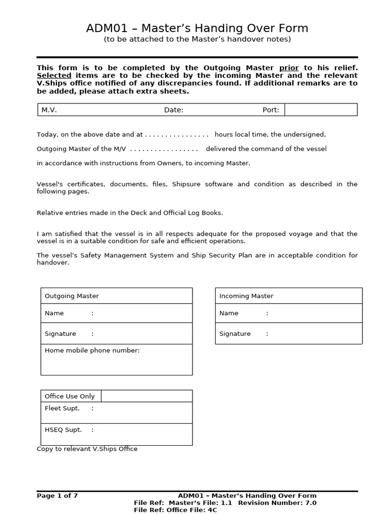 Master's Handover Checklist Form | PDF | Water Transport | Watercraft