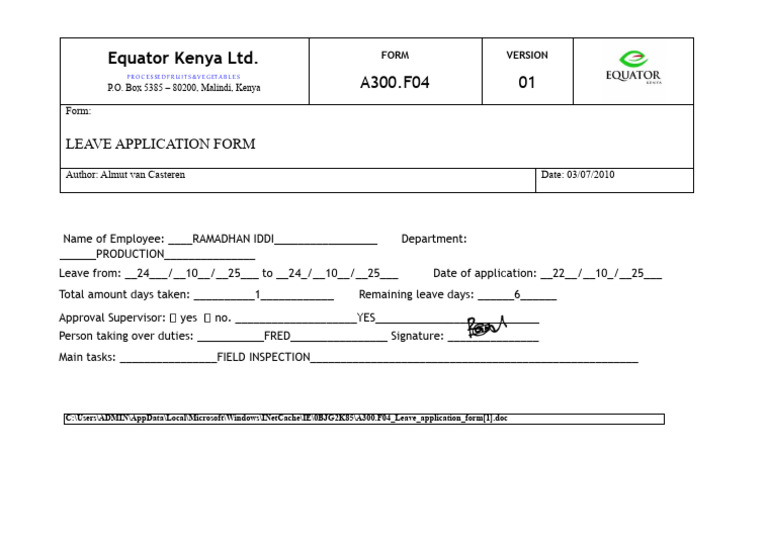 Leave Application Form - Equator Kenya Ltd. | PDF