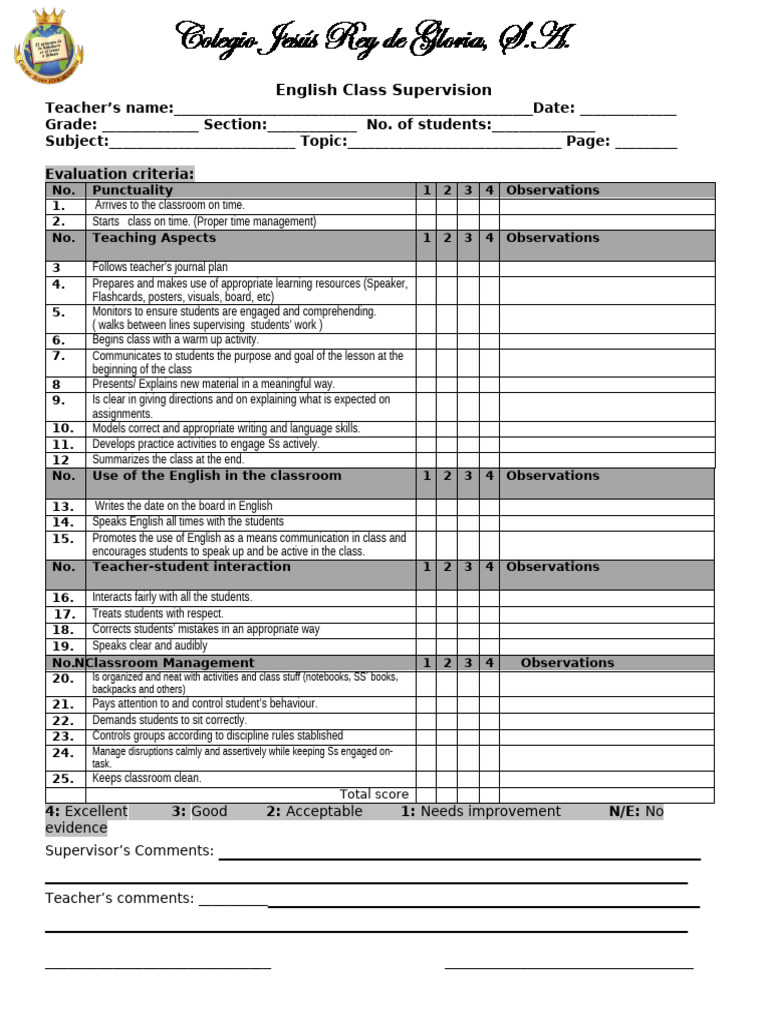 English Class Supervision Evaluation Form | PDF | Teachers | Classroom ...