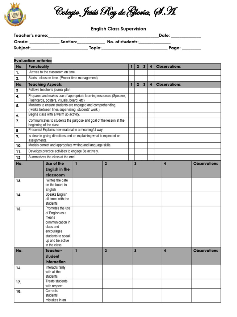English Class Supervision Checklist | PDF | Teachers | Classroom