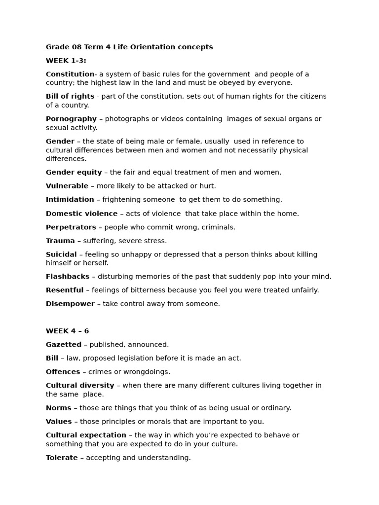 Grade 8 Term 4 L.O Concepts | PDF