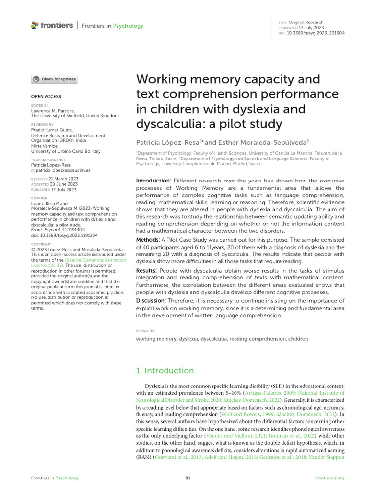 Working Memory Capacity and Text Comprehension Per | PDF | Dyslexia ...