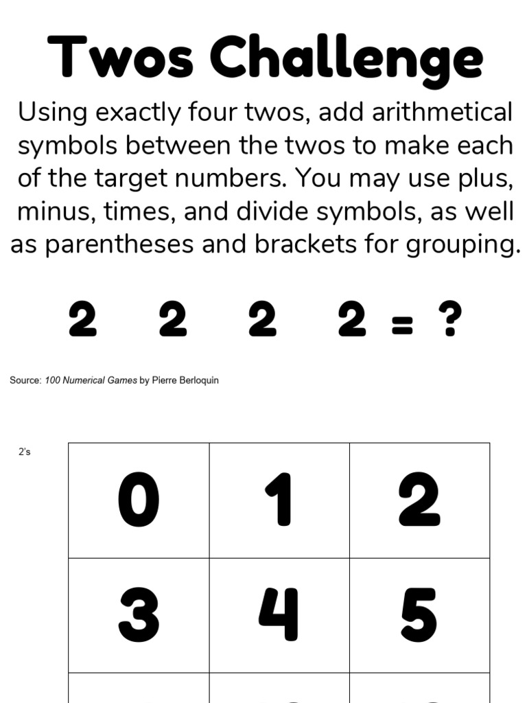 Four Number Challenges with Twos to Nines | PDF | Bracket | Mathematics