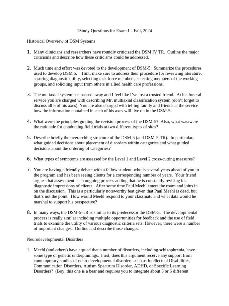 Study Questions For Exam I-2024 | PDF | Mood Disorders | Bipolar Disorder