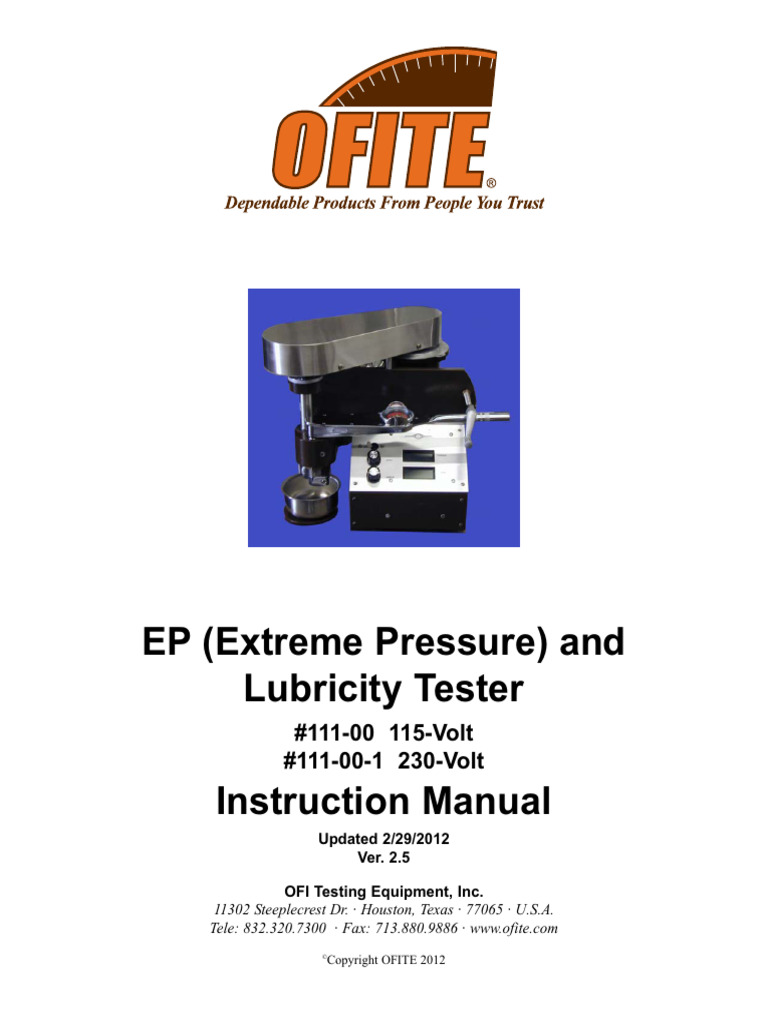 OFITE Lubricity Tester Manual | PDF | Wear | Bearing (Mechanical)
