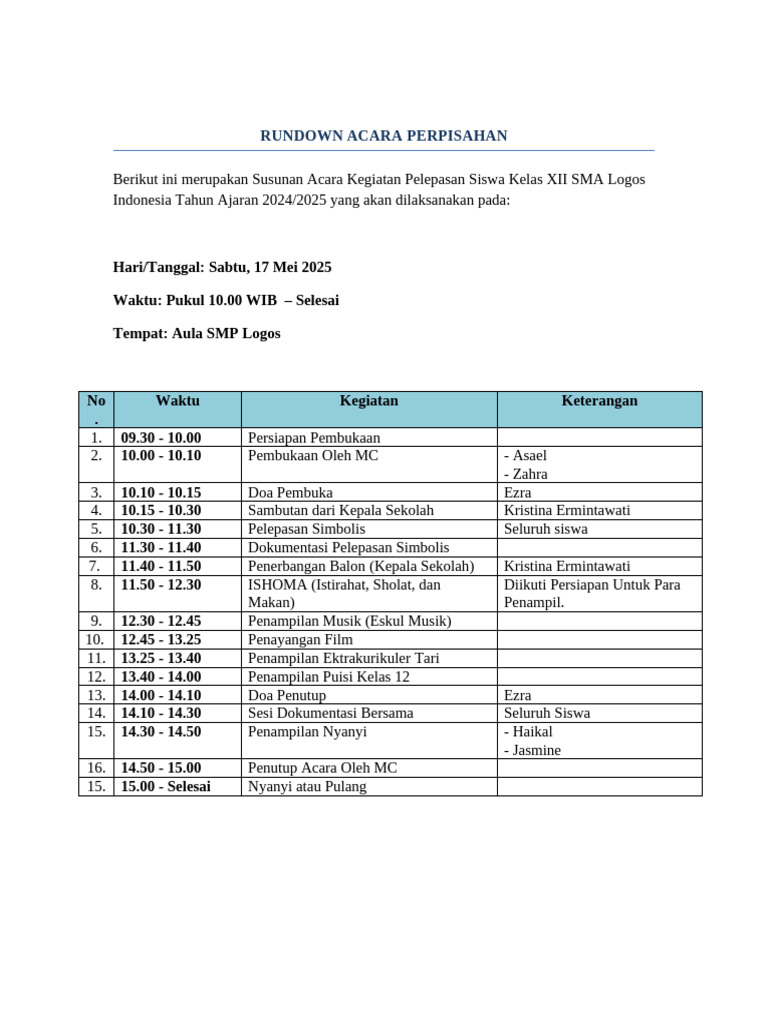 Rundown Acara Pelepasan Siswa SMA | PDF
