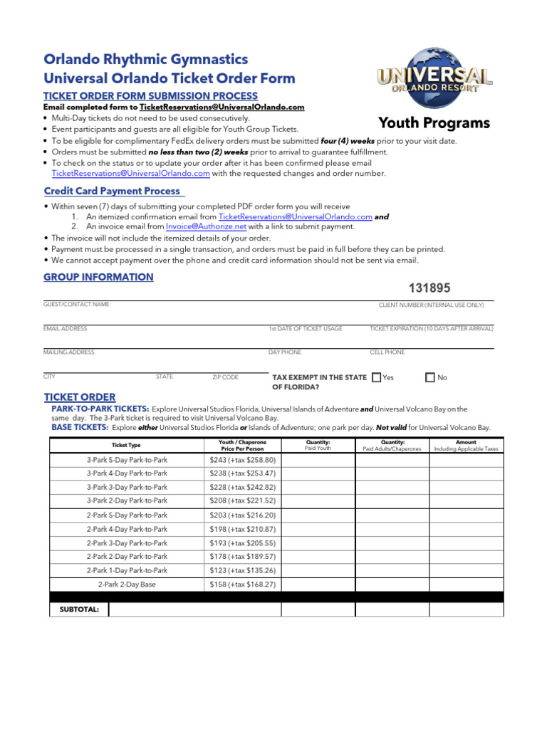 Universal Orlando Order Form - Orlando Rhythmic Gymnastics 2025 | PDF ...