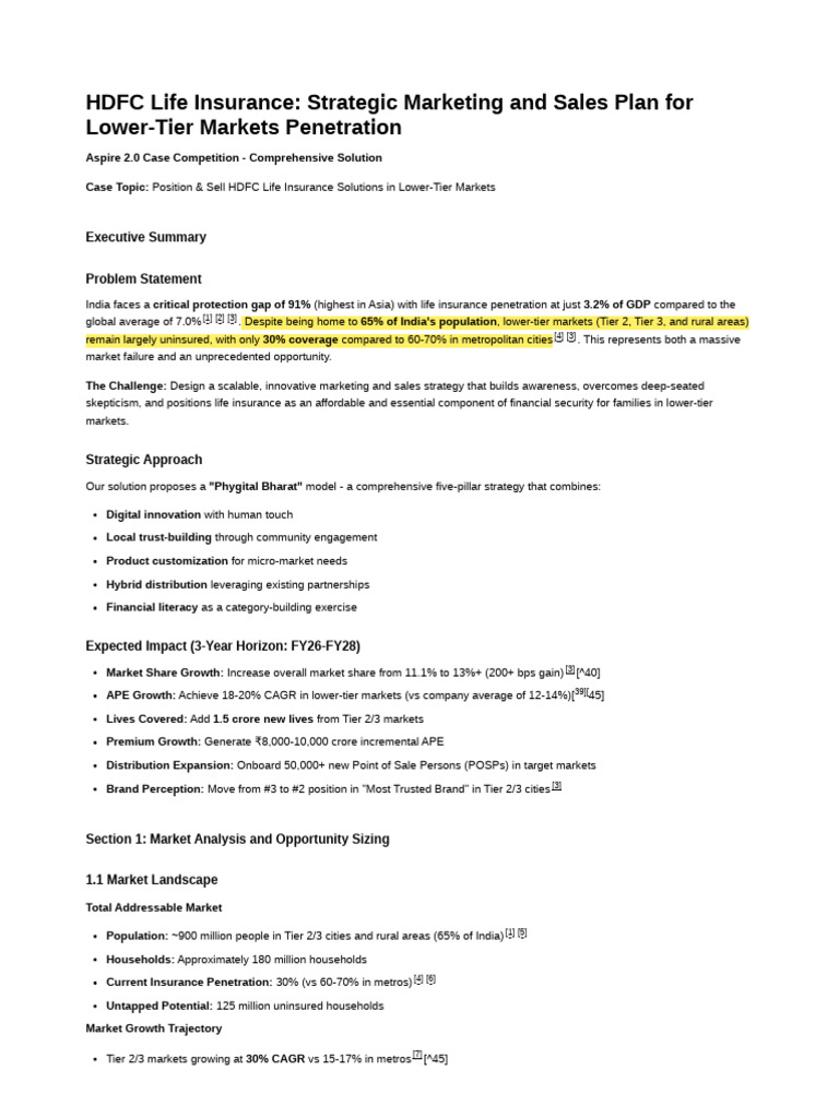 HDFC Life Insurance Strategy for Tier 2/3 Markets | PDF | Insurance ...