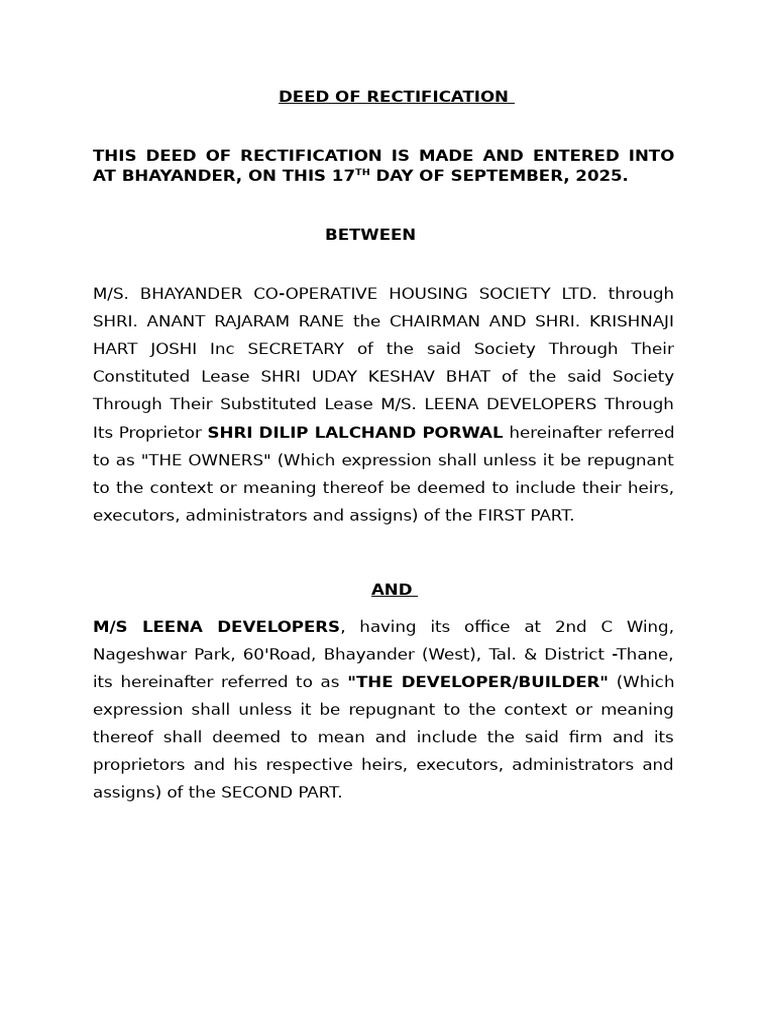 Deed of Rectification for Bhayander Property | PDF | Land Law | Common Law