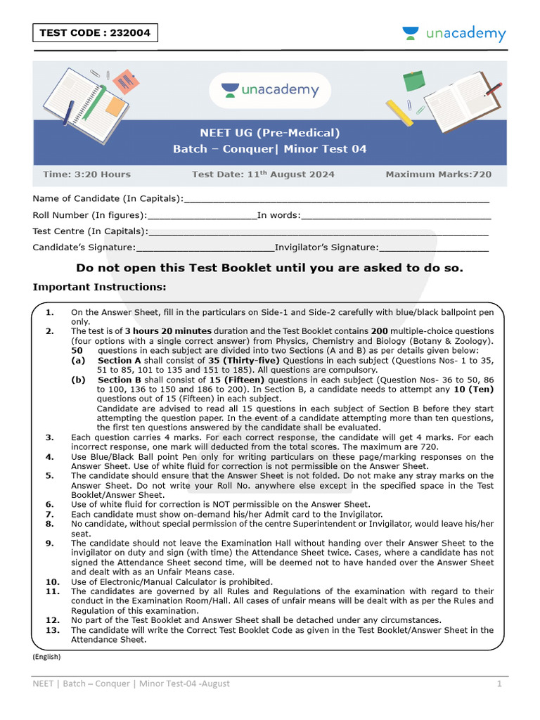 NEET Conquer - Minor Test 4 - 232004 - Student Copy (11!08!2024) | PDF ...