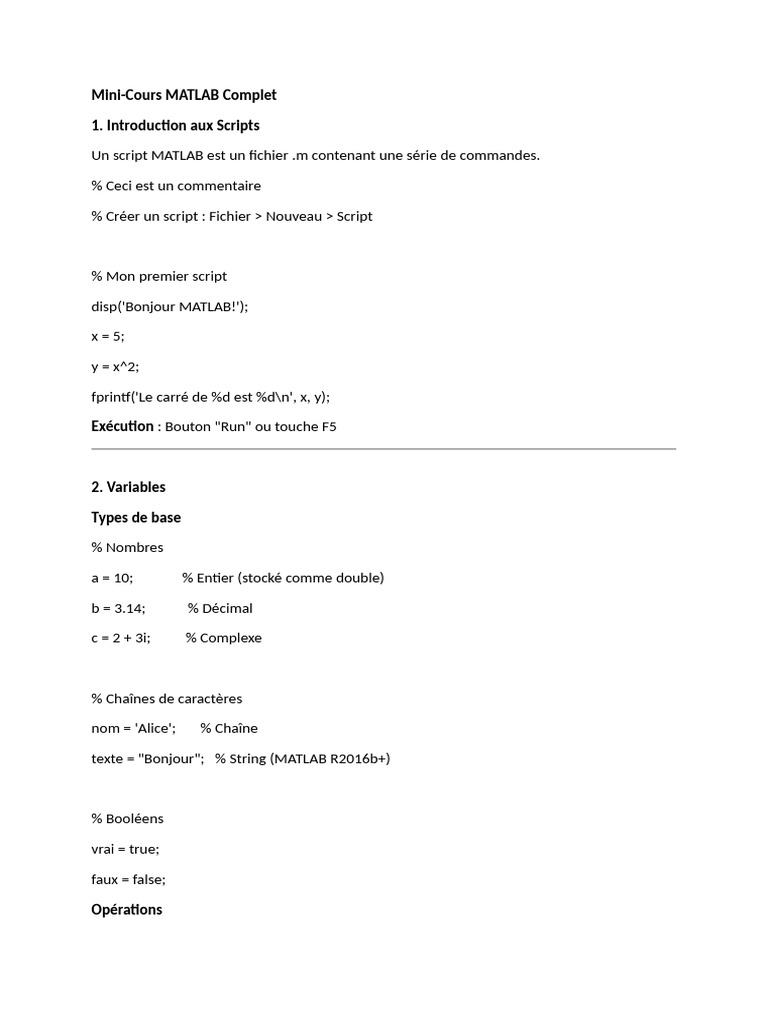 Guide Pratique MATLAB Complet | PDF | Structure de contrôle | Matrice ...