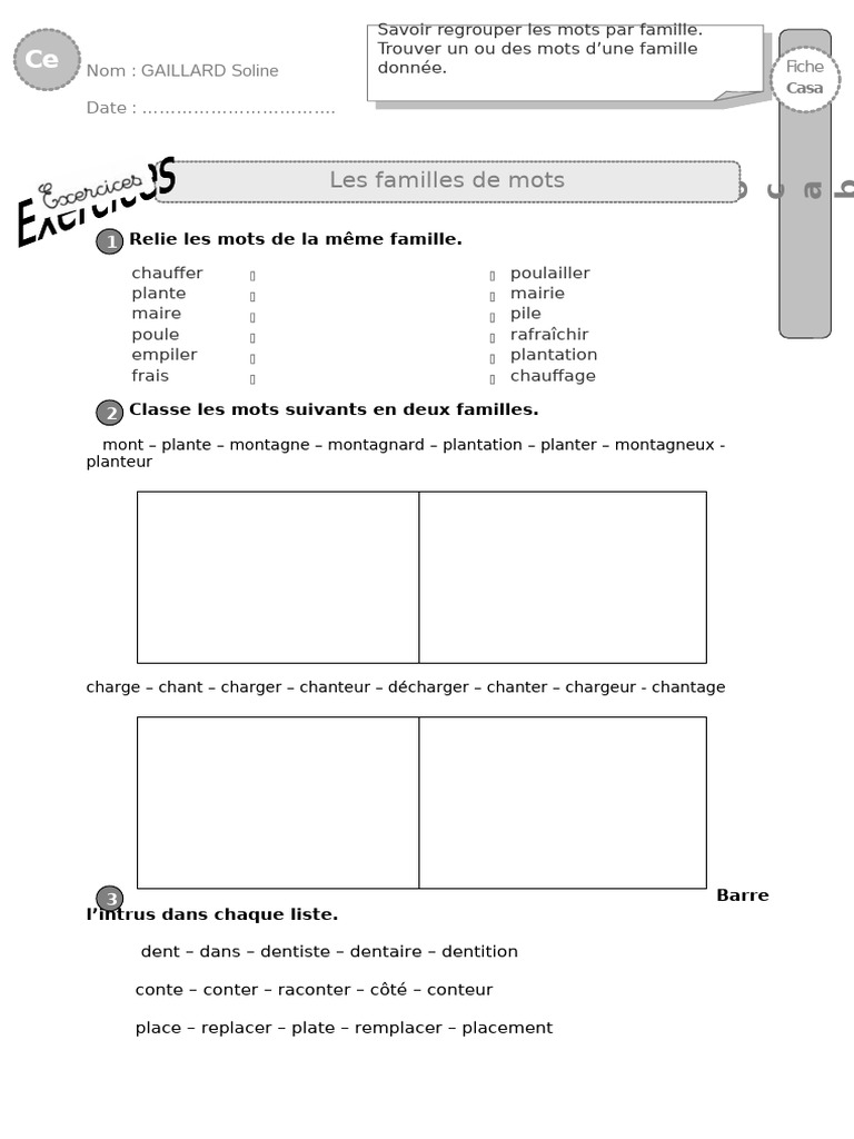 Exercices sur les familles de mots CE1 | PDF | Branches de la ...
