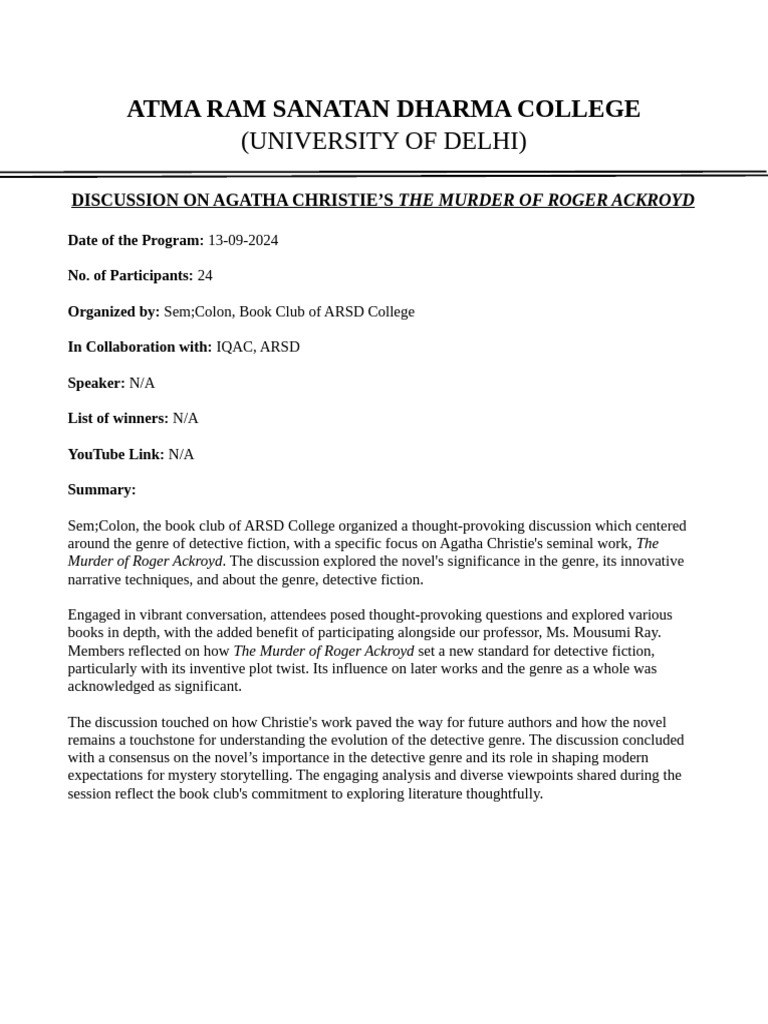 Agatha Christie Discussion at ARSD College | PDF