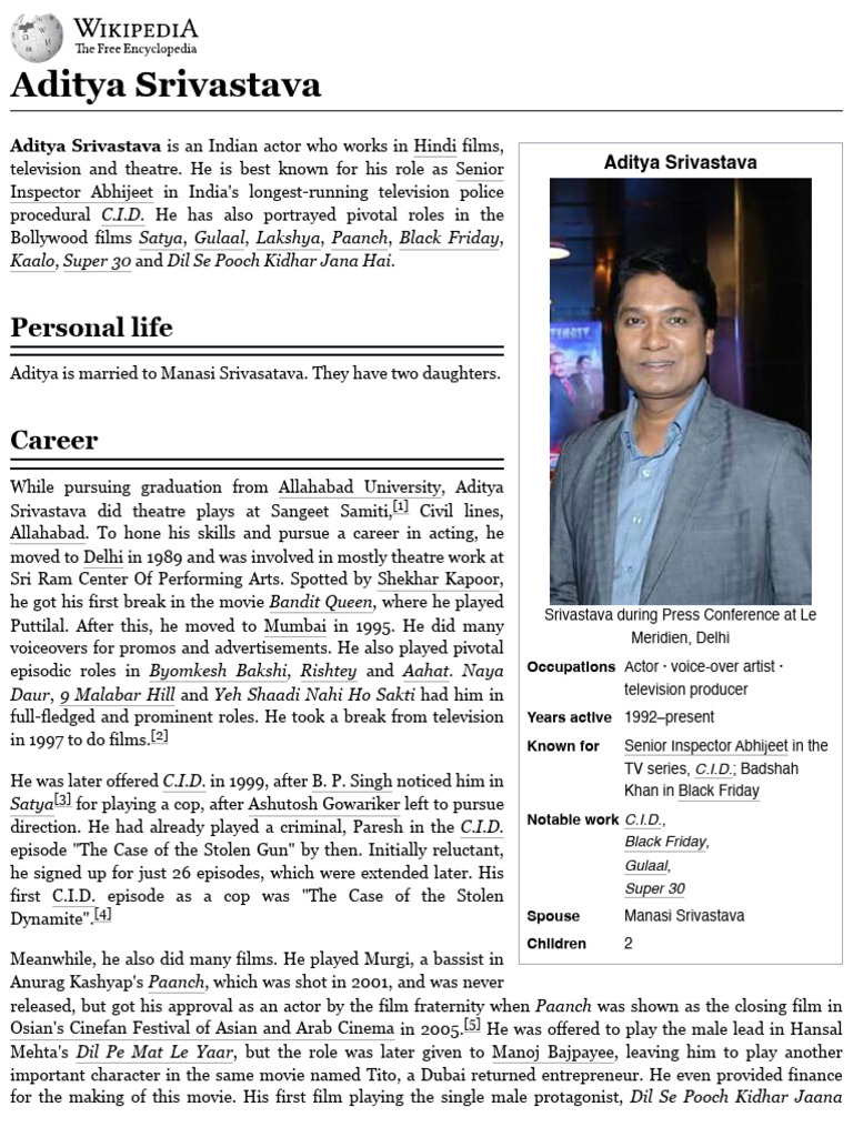 Aditya Srivastava: Career & Personal Life | PDF