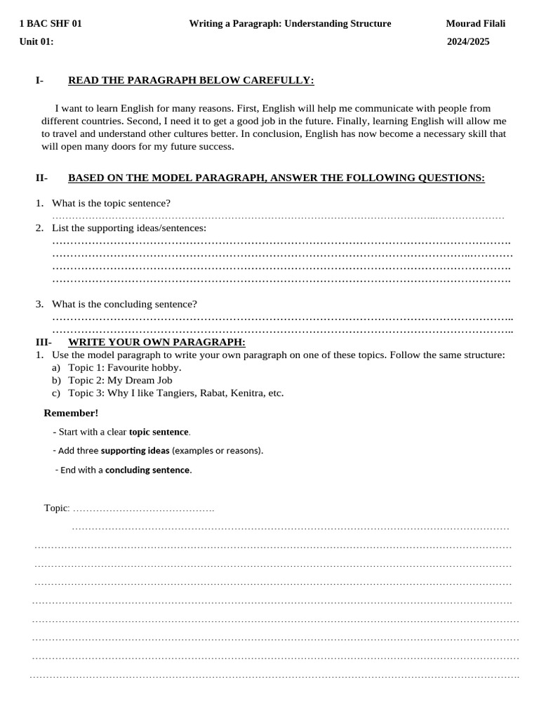 Writing a Structured Paragraph Guide | PDF