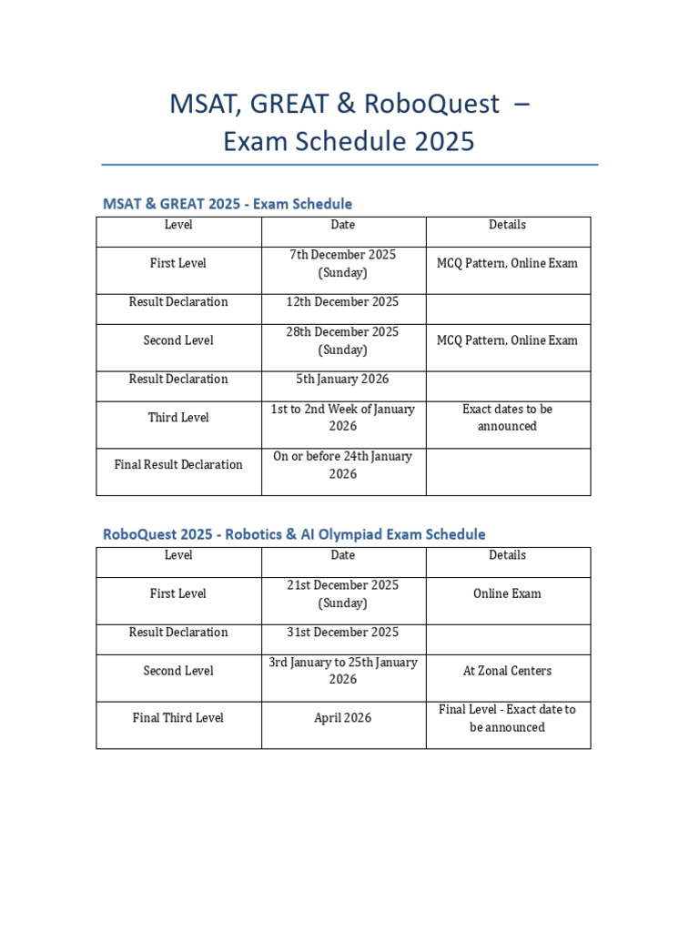 Exam Schedule 2025 | PDF